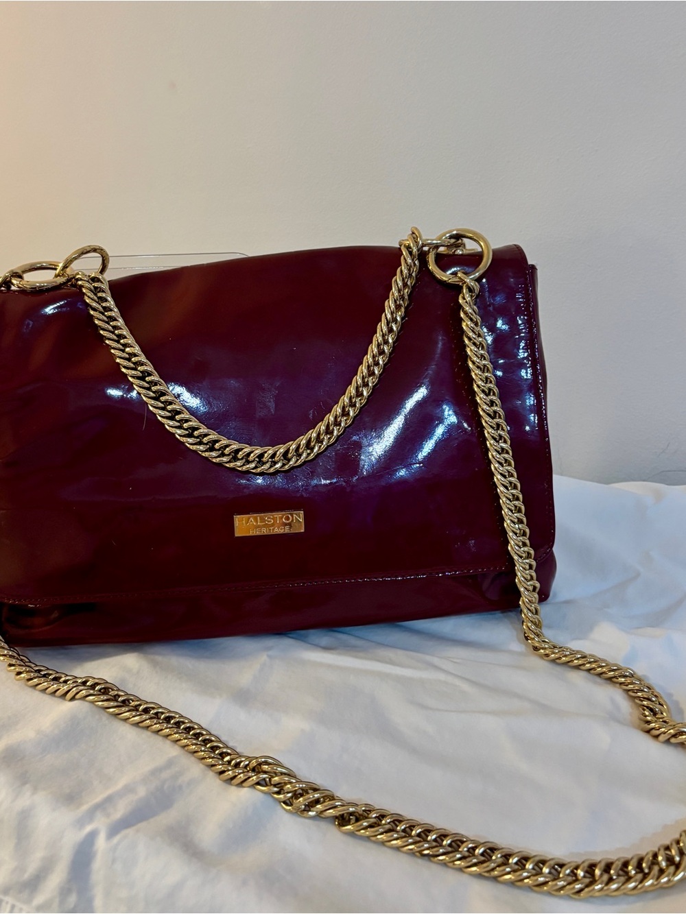 Halston Heritage Patent Shoulder Bag in Burgundy with Gold Chain